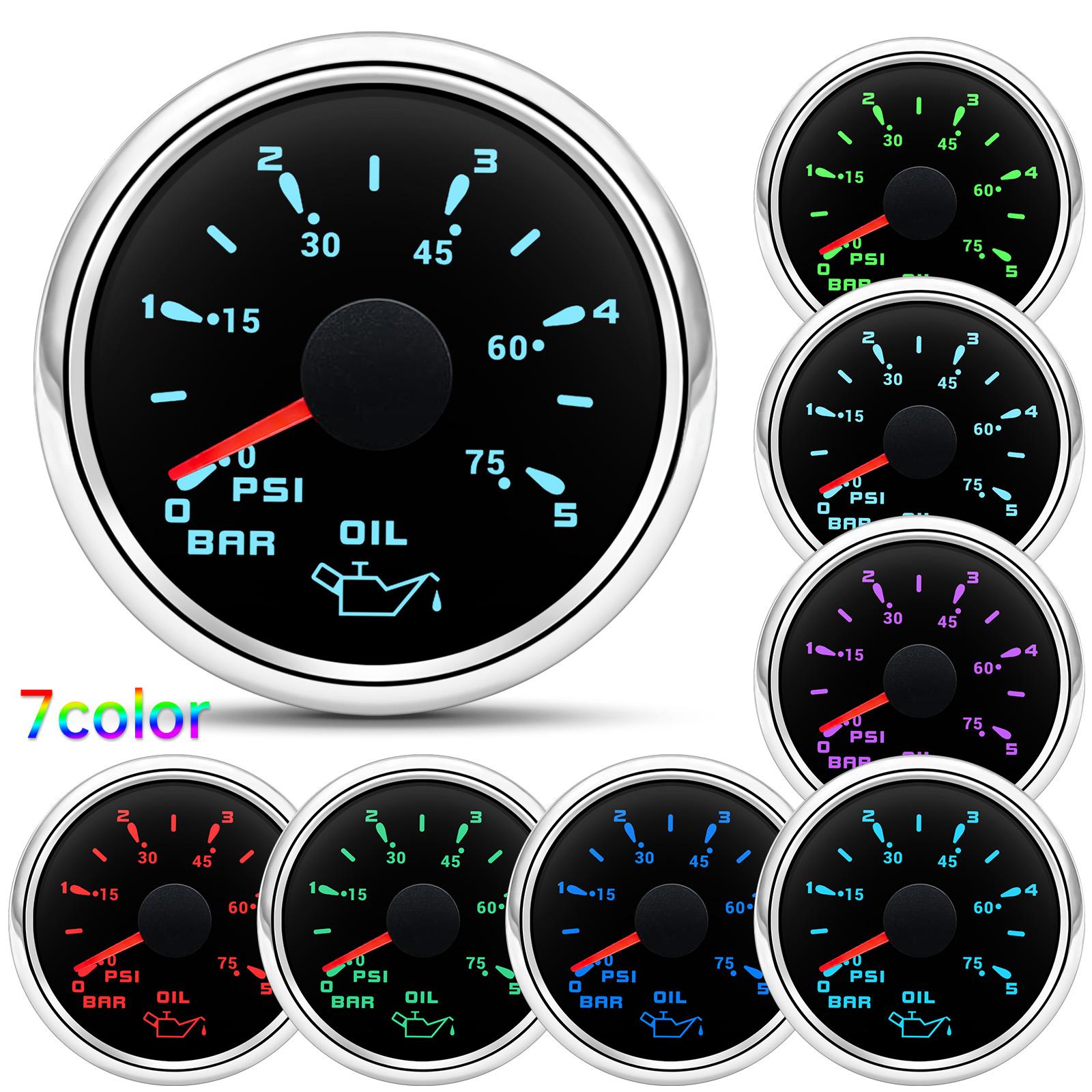 52mm Oil Pressure Gauge 7 Colors Automobile Oil Pressure Instrument 0-75 PSI 0-5 Bar Oil Pressure Gauge For Car Boat серебряный