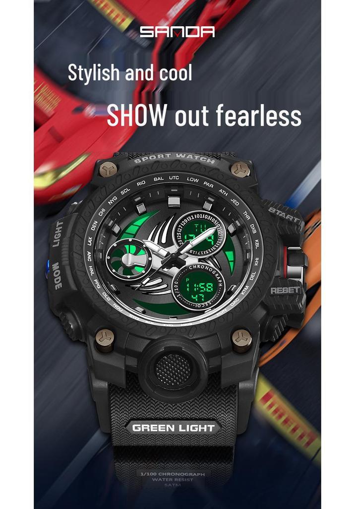 SANDA Men's Multi-function Dual Display Waterproof Sports Alarm Watch