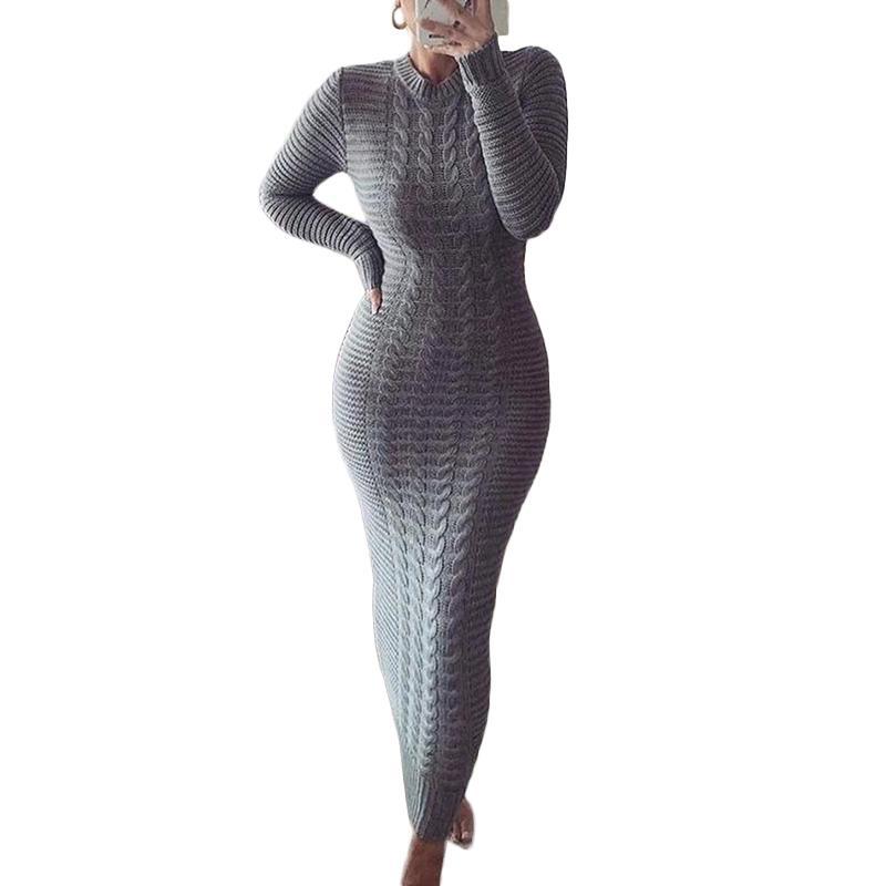 TIFICY Women's Fashion Casual Fall Winter Solid Color Print Long Sleeve O-Neck Woolen Knitwear Middle Waistline Casual Dresses