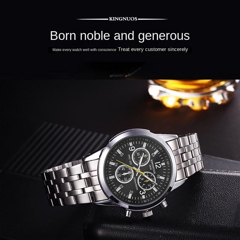 KINGNUOS Ultra Slim 3-Augen-6-Zeiger-Stahlarmband, wasserdichte Stahlarmbanduhr, blaue Glasuhr