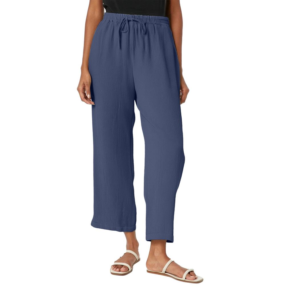 Dámské jednobarevné bavlněné a lněné kalhoty s kapsami a elastickým pasem, volnočasové kalhoty