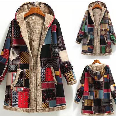 Womens Fashion Ethnic Style Printed Hooded Mid- Long Coat Loose Outwear Match Colors Plus Size Coat