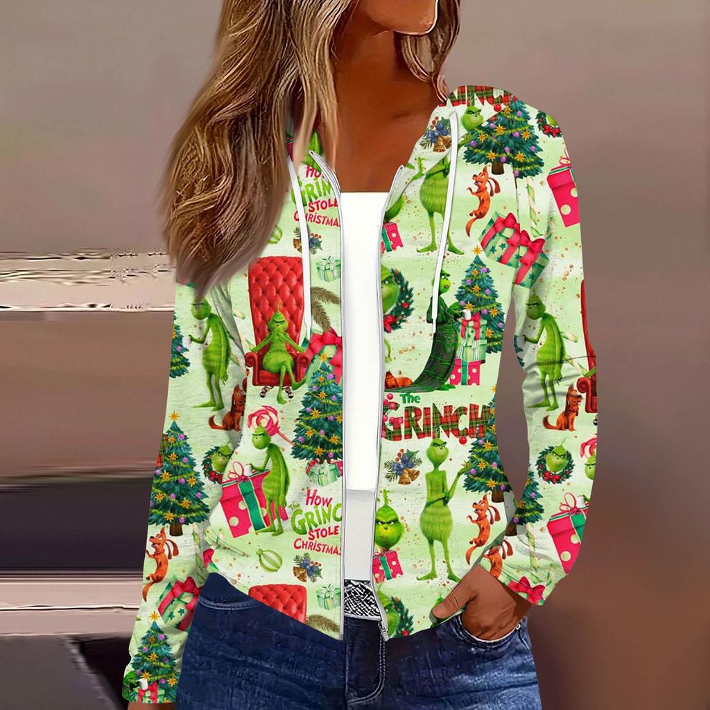 Women's Fashion Christmas Print Casual Zip-Up Long-Sleeved Hooded Jacket