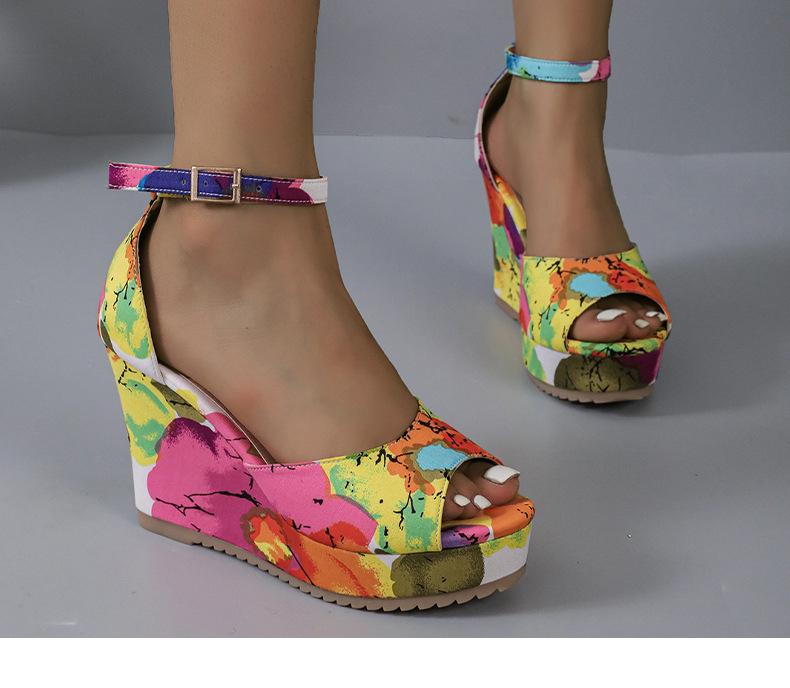 Sandali con zeppa e stampa in stile bohémien da donna, sandali con plateau e cinturino alla caviglia, sandali con zeppa e suola spessa, sandali romani