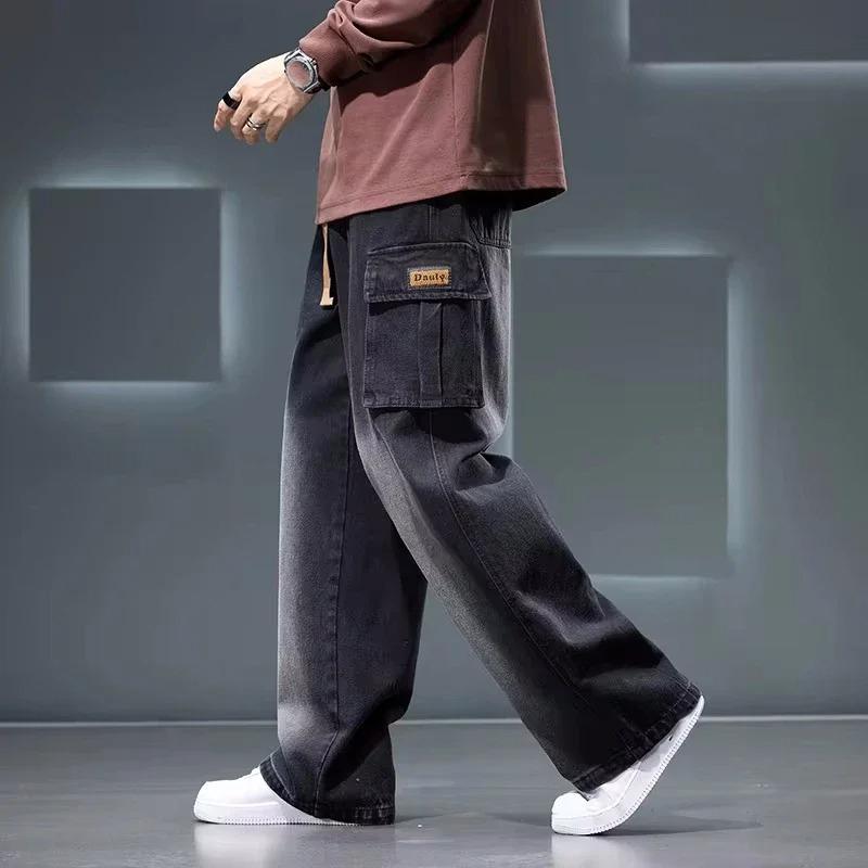 Jeans Wide Leg Washing Pants Men Trousers Neutral Solid Color Loose Casual Korean Fashion Pocket Cargo Pant