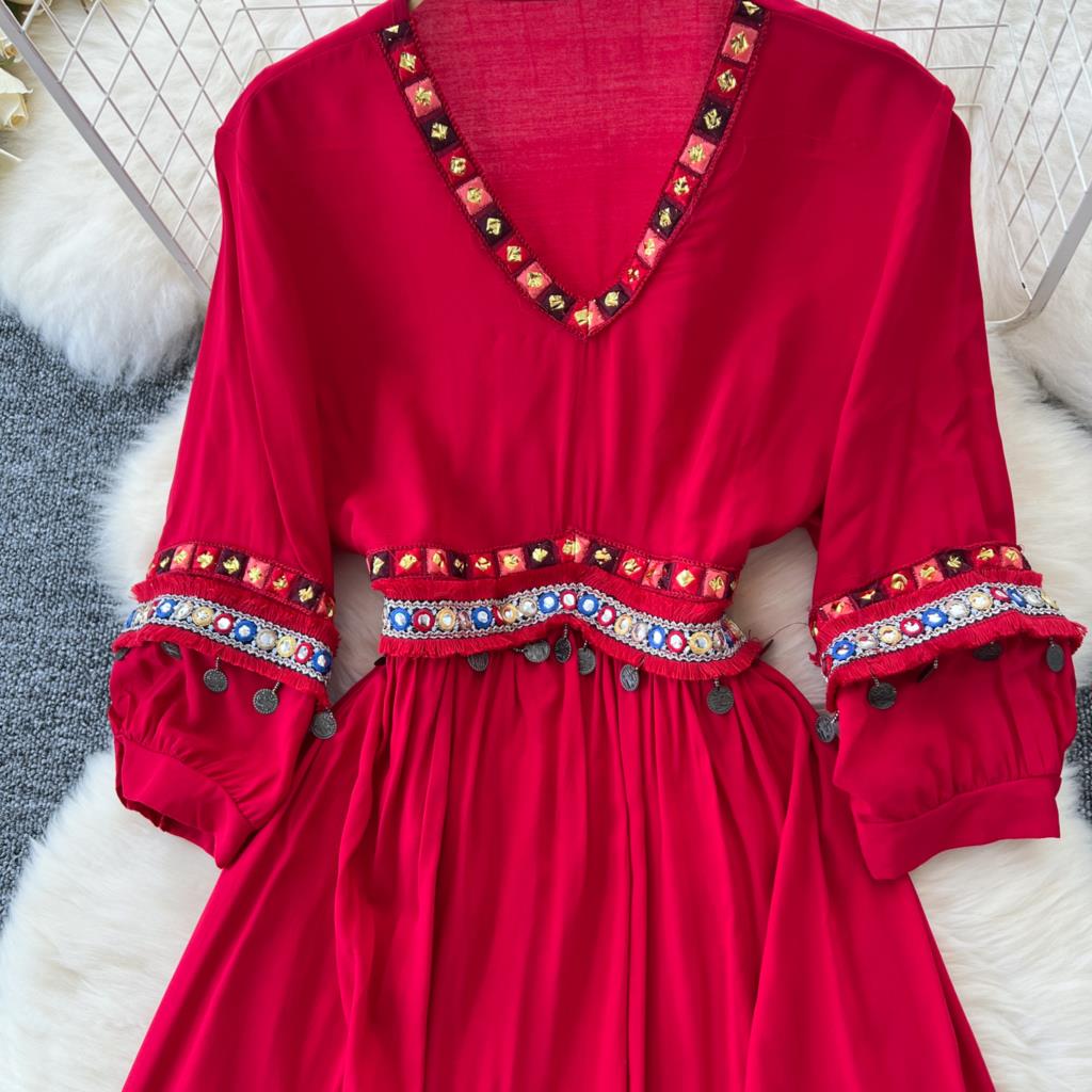 Abito Slim Vintage Ricamato Scollo a V per Donna Paillettes Frange Vocation Spiaggia A-line Abiti Casual Monopezzo Vestido Mujer Nuovo