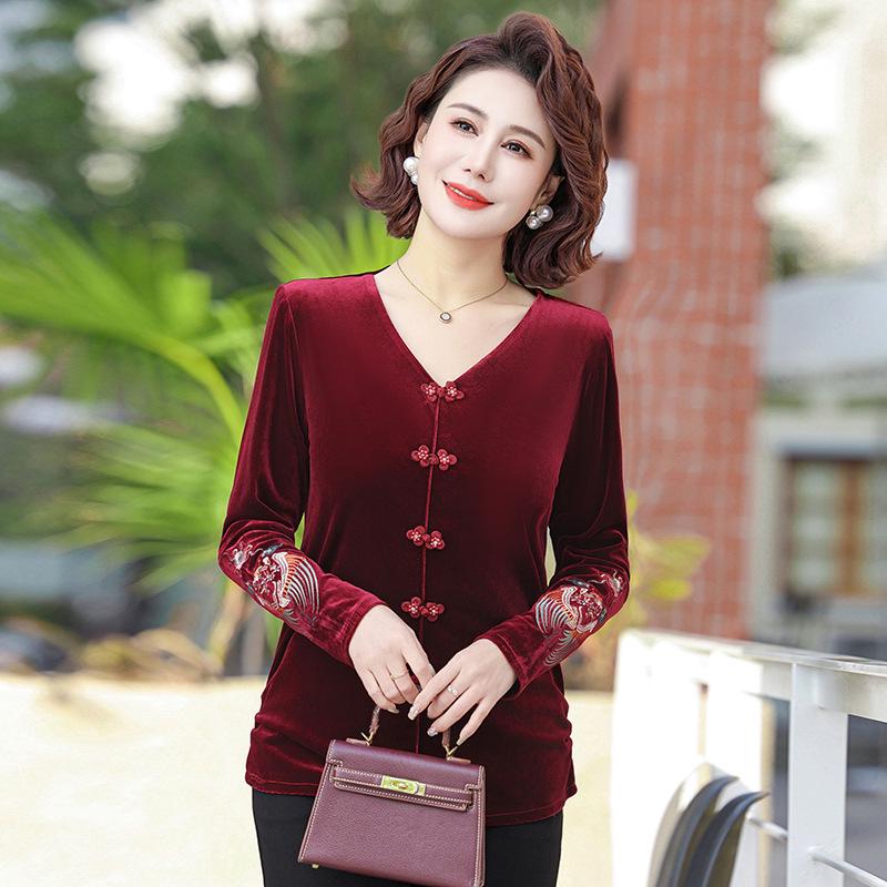 

Шикарная футболка с V-образным вырезом из золотого бархата для женщин - весенне-осенний топ в китайском стиле XL (90-105 jin) вино красного