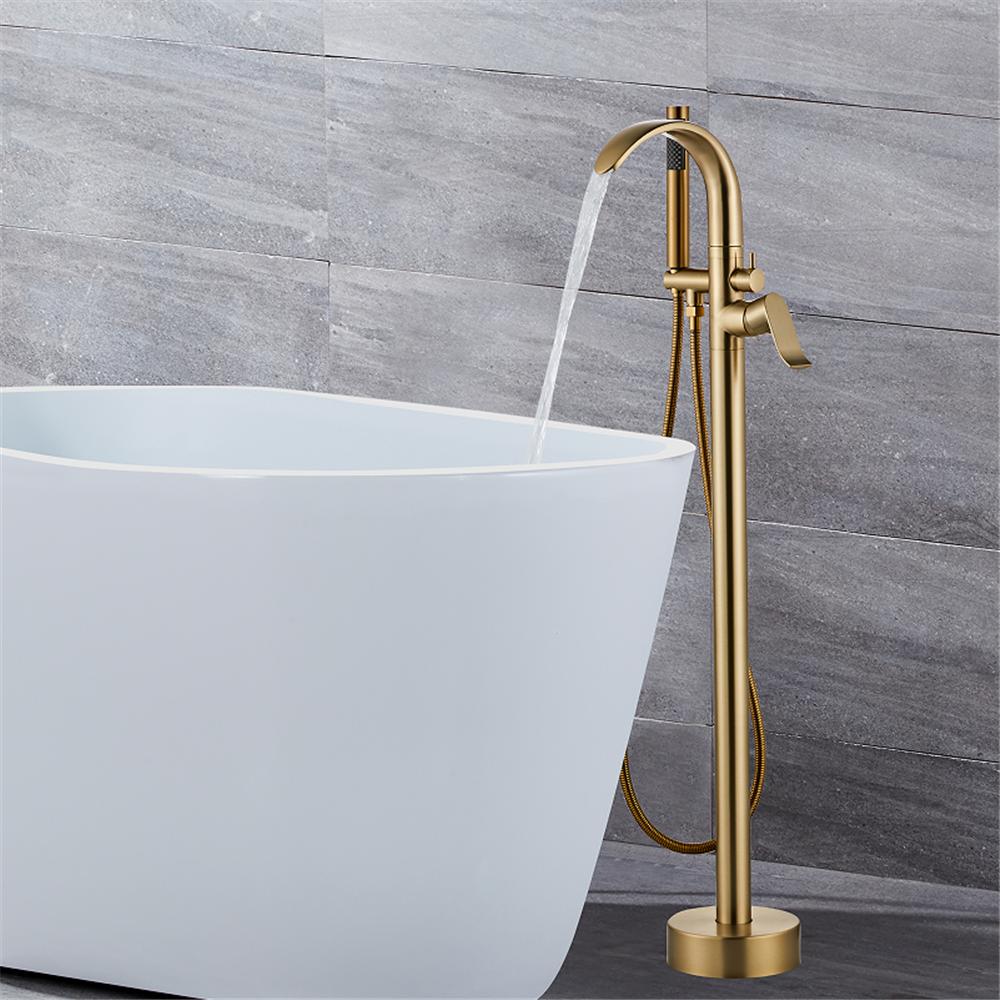 Tuqiu Brushed Gold Bathtub Faucet Set Floor Decked Brass Black Waterfall Bathtub Mixer Morden Style Gold Bathroom Taps