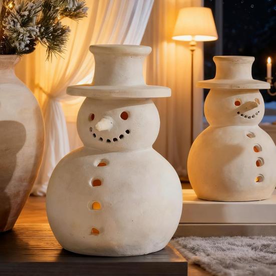 Terakotová dekorace sněhuláka Ručně vyráběné pryskyřičné figurky sněhuláka Vánoční svátek Rustikální zimní stolní dekorace