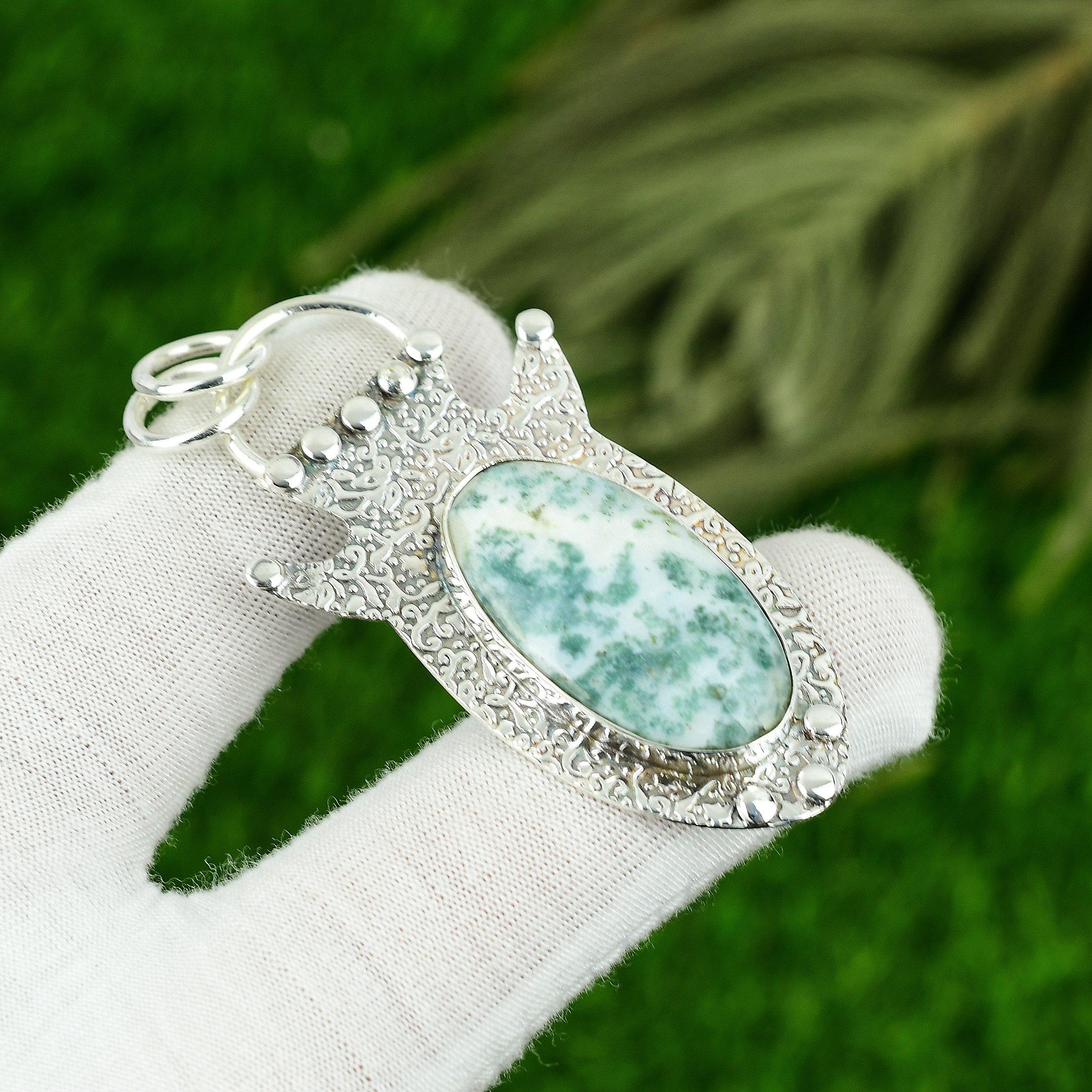 

Tree Agate Gemstone Art Deco Handmade Daughter Bezel Pendant 925 Sterling Silver