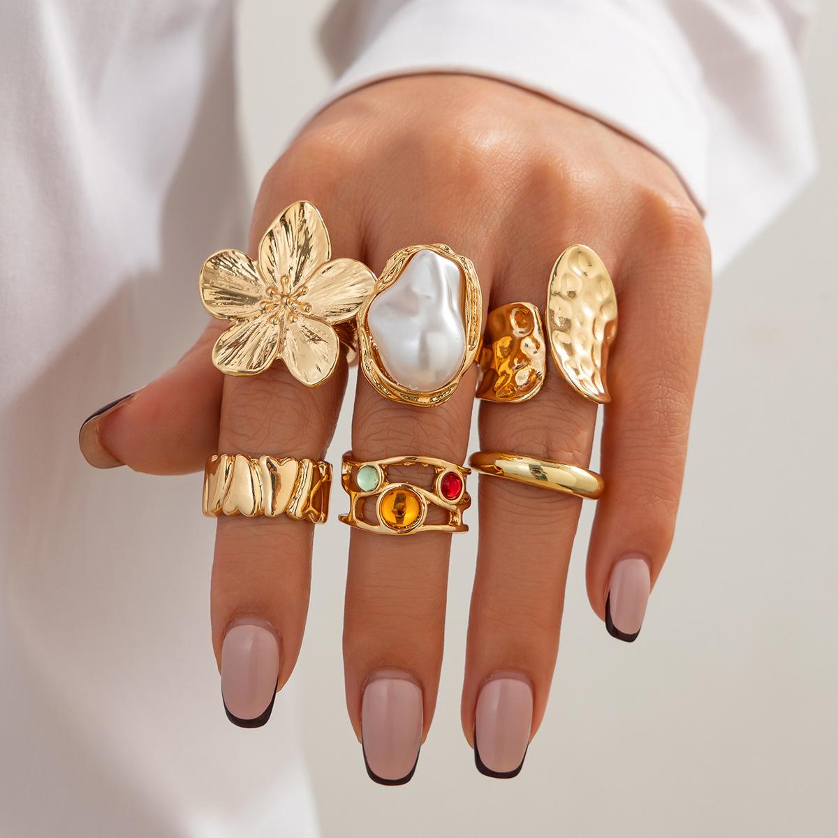 

6/14/20 Pcs Imitation Pearl Flower Zircon Rings Set for Women Vintage Elegant Irregular Gold Color Open Ring Party Jewelry Gifts