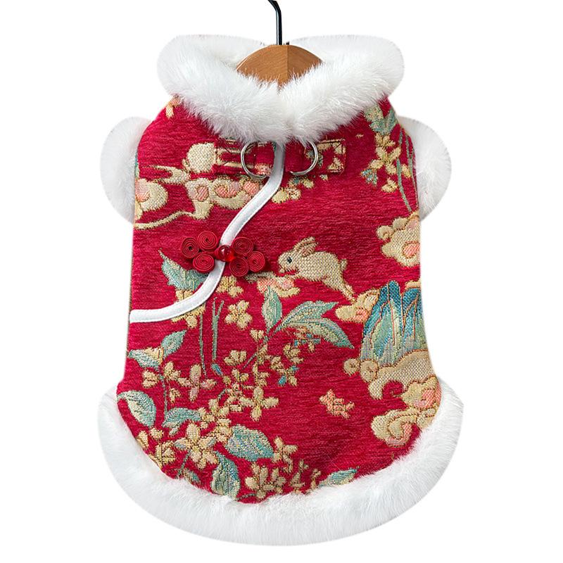 New Year and Autumn-Winter Double-Layer Thick Fleece Traditional Chinese Style Rabbit Pet Dog Cat Clothing Tang Suit
