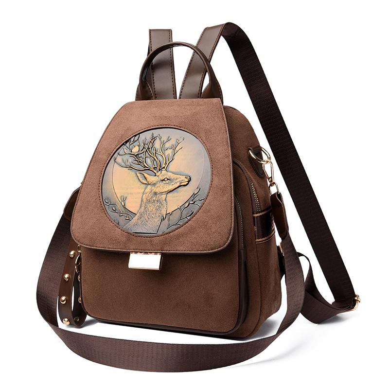 Vintage Brown Suede Backpack with Deer Embossed Design - Convertible Shoulder Bag for Women, Fashion Travel & Daily Use