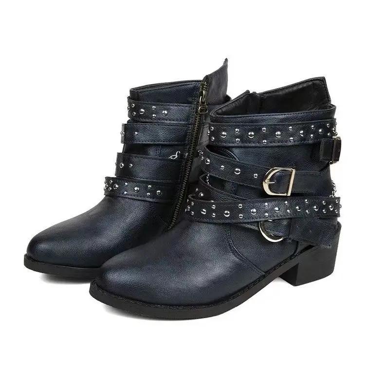 Ankle Boots for Women Belt Buckle Low Heel Short Boots Women's Shoes Retro Style Rivet Pointed Women's Boots Trendy Ladies Shoe
