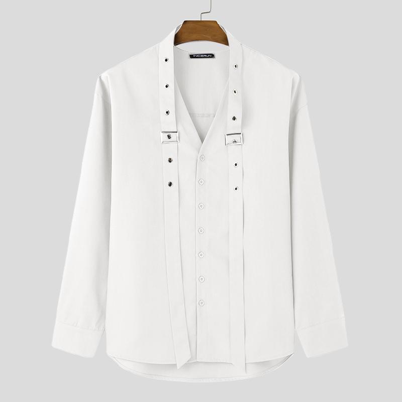 

INCERUN Мужские рубашки оверсайз с V-образным вырезом, лентами на плечах, длинными рукавами и пуговицами M белый