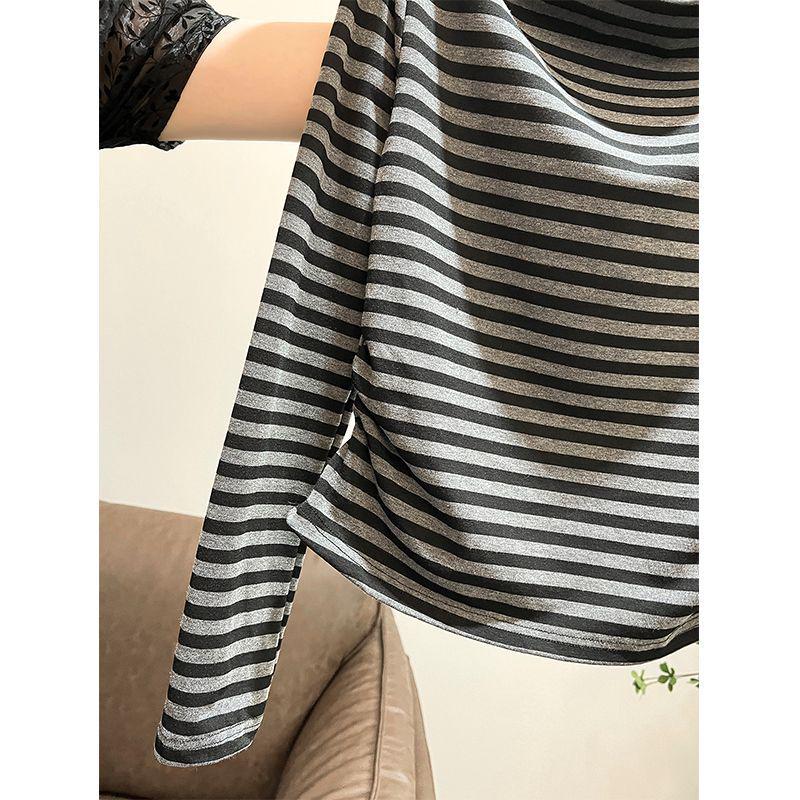 Women's Striped One-Shoulder Long-Sleeve Top - 2025 Spring/Autumn Slim Fit Korean Style