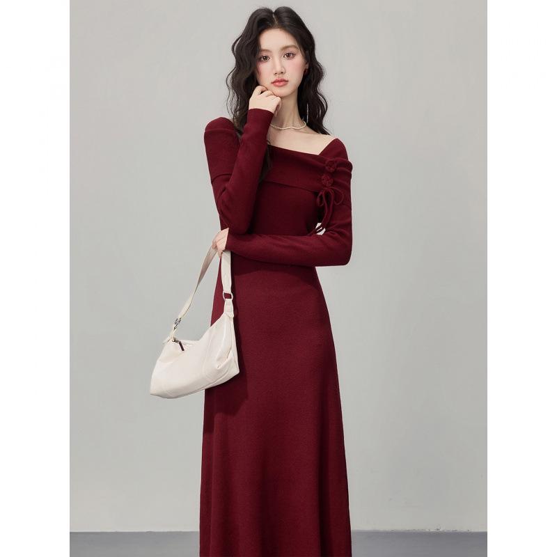 Korean Style Autumn Winter Knit Cinched Waist Slimming Long Dress for Ladies