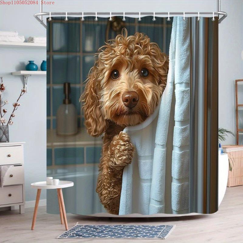 1pc adorable poodle puppy peeking bath towel digital shower -   With Hooks Waterproof Mildew Proof Easy Install Washable