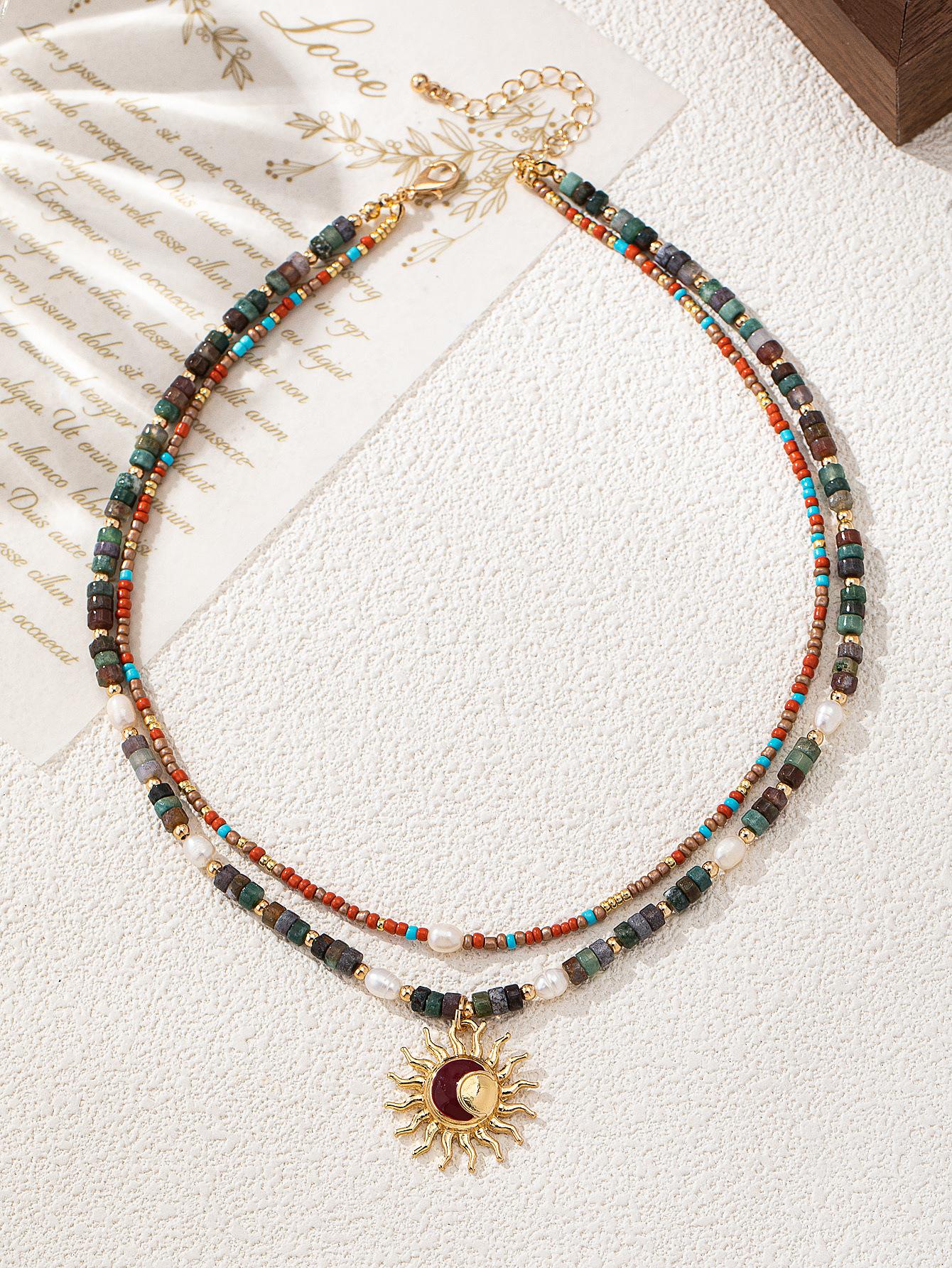 New handmade beaded sun pendant double-layer necklace design temperament trend neck chain