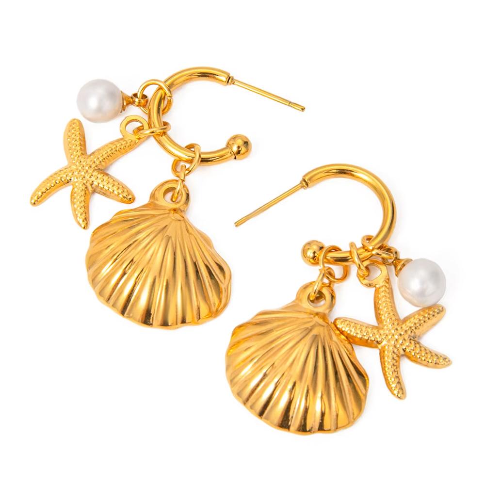 Summer Gold Stainless Steel Shell Starfish Crab Drop Earrings For Women Beach Ocean Hoop Drop Stud