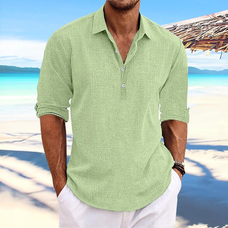 

Men s European Short-Sleeve Cotton Linen-Feel Turn-Down Collar Shirt - Business Casual Solid Color with Half-Open Front XXXL світло-зелений колір