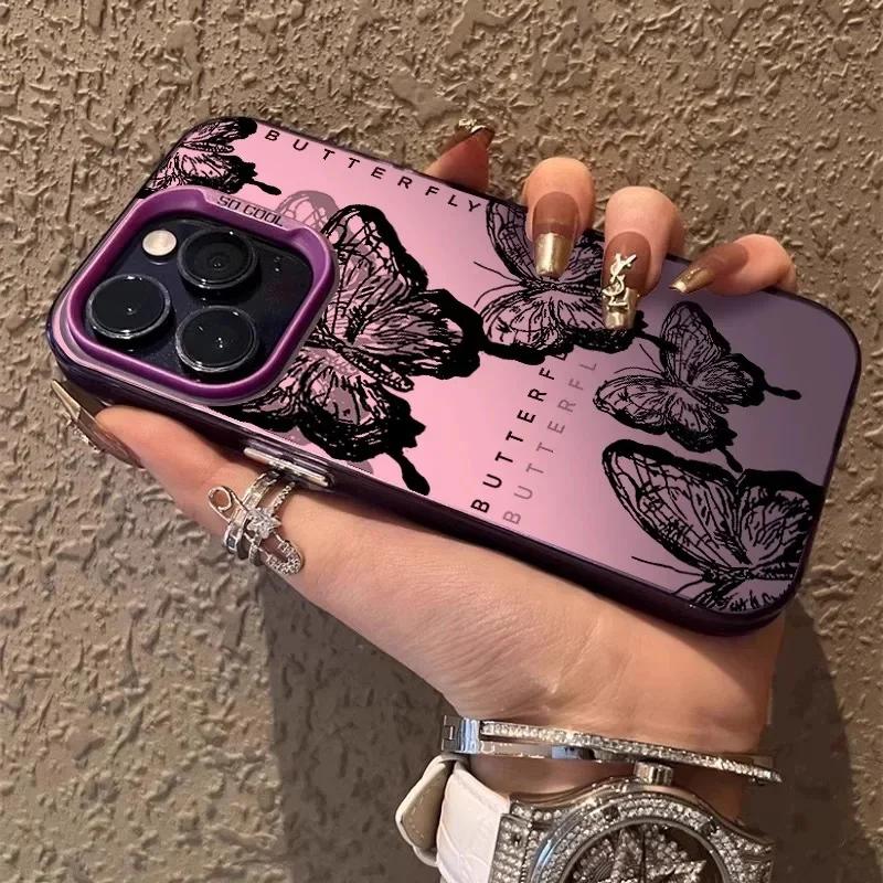Retro Black Butterfly Case for iPhone 15 Pro Max 16 14 13 12 11 XS X XR SE   7 8 Plus 15 Electroplated Matte Hard Cover