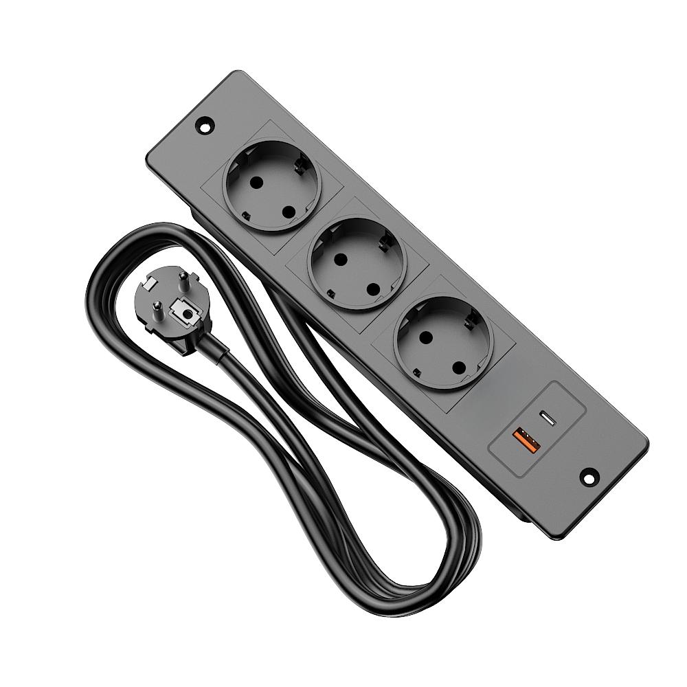 Recessed Power Strip 3 AC Outlets Fast‑Charge USB‑A USB‑C Built‑in Socket Desktop Power Hub for Desk Cabinet Conference Table