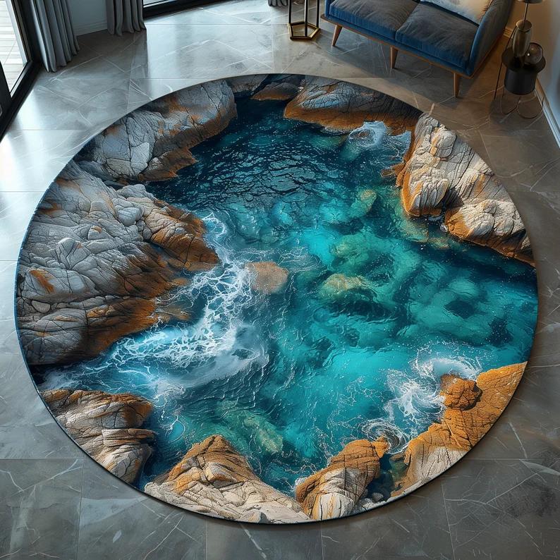 Deep Ocean Vortex Illusion Rug Round Blue Whirlpool Carpet 3D Ocean Fantasy Area Rug for Living Room Bedroom Gamer Decor