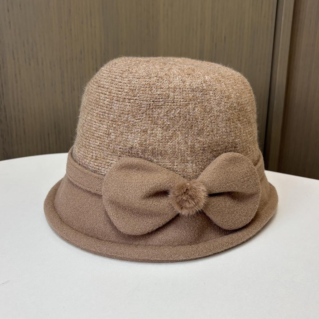 Wool Bucket Hat Thermal Hat Children Elegant Hairball Bow Mother Basin Hat