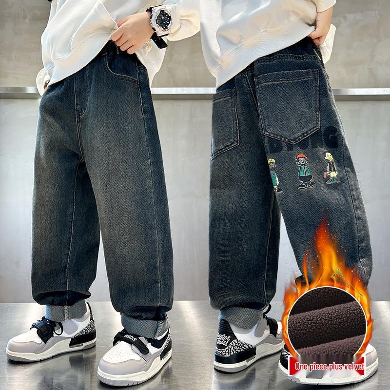 Boys' Fleece-Lined Denim Pants - Spring Autumn Winter 2025 Trend, Thickened Long Style