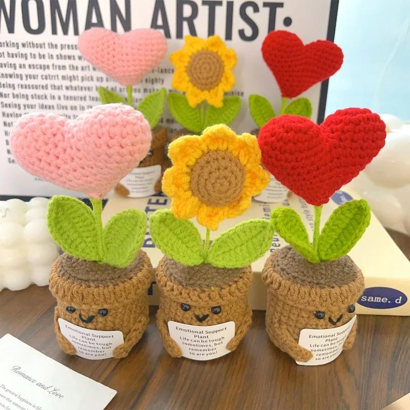 Positive Energy Heart Sunflower Handmade Knitted Emotional Support Crochet Doll Hug Pocket With Positive Card Decoration Gifts