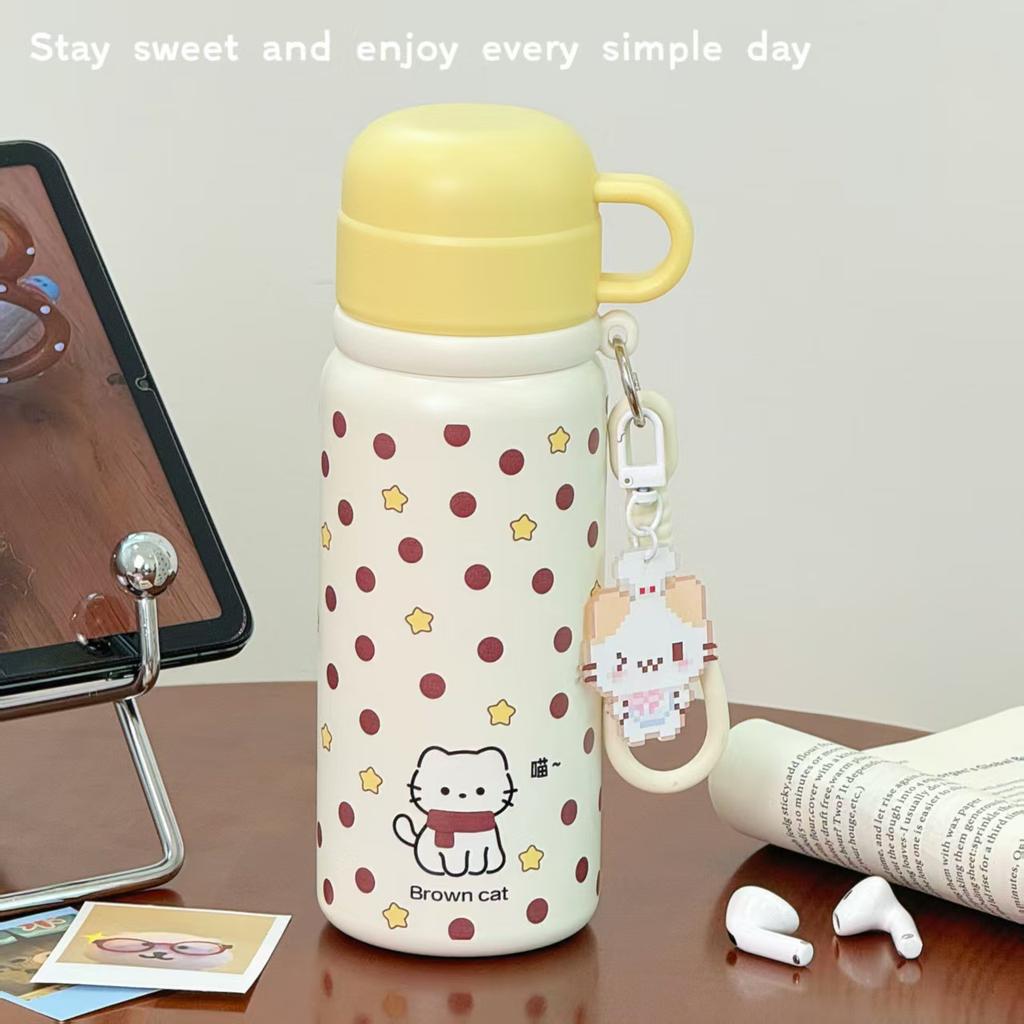 Ins Girls High-value Three-drink Thermos Cup New Cartoon Portable Kitten Stainless Steel Children's Cute Cup
