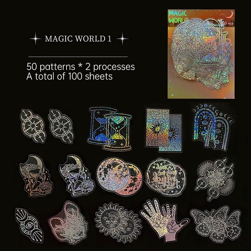 100pcs PET Laser Flash Stickers Magic World Butterfly Blooming Camellia Flowers Creative Retro Transparent Waterproof Stickers