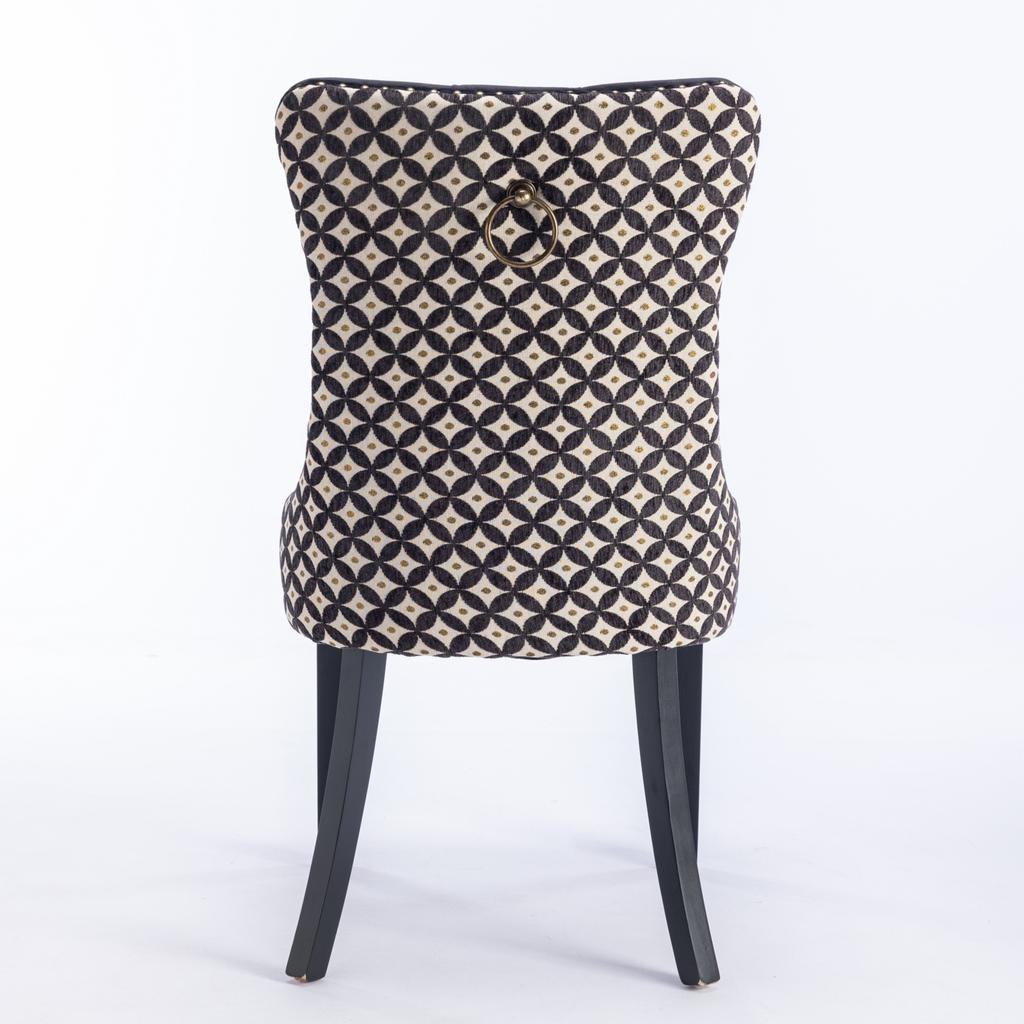 Dining Chairs Set of 2, Hand-Tufted Velvet, Back with Gold Thread Geometric Pattern, Nail Head Trim & Metal Pull Ring, Solid Wood Legs,DE2201BK