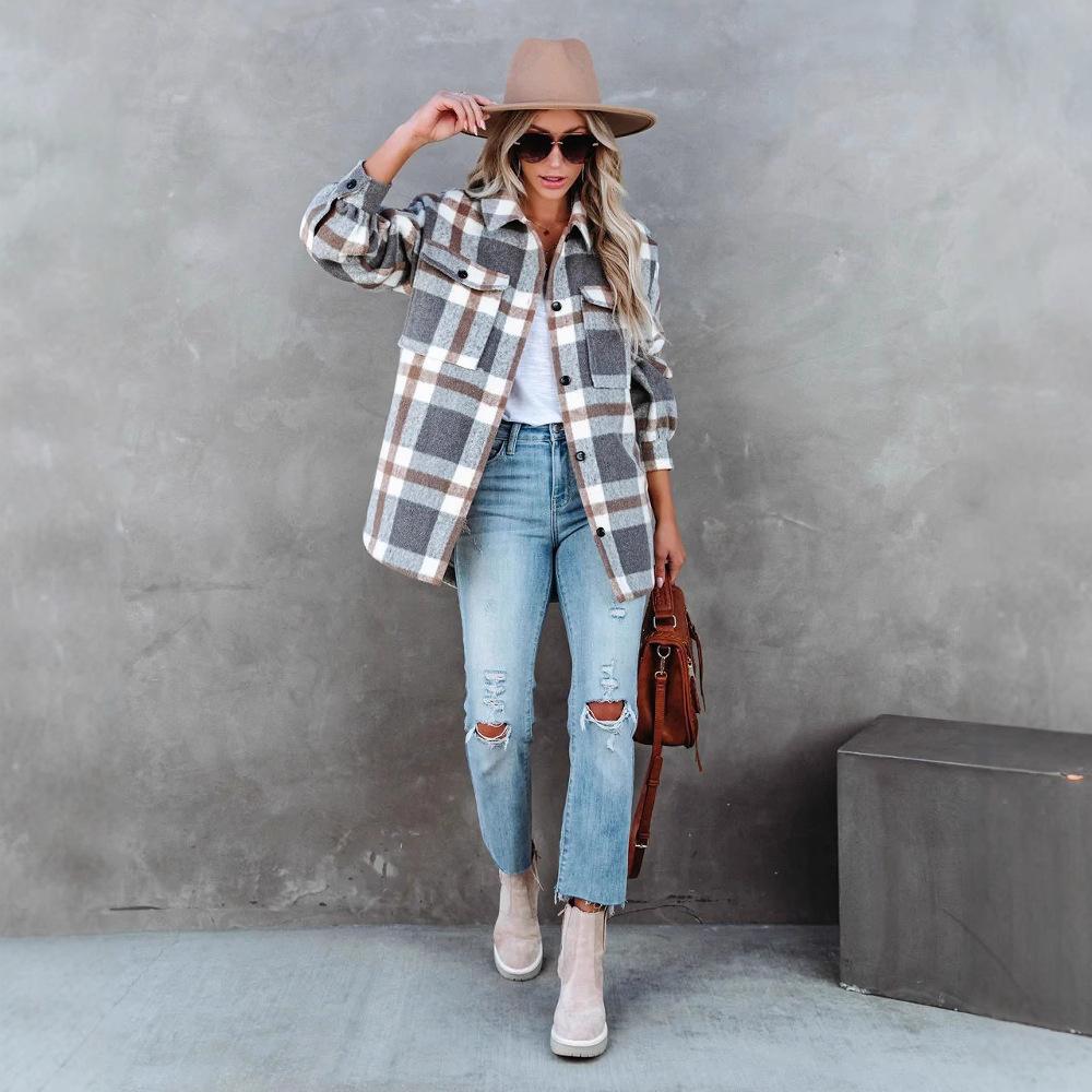 Women Winter Warm Long Sleeve Lapel Two Pocket Plaid Woolen Coat Outerwear