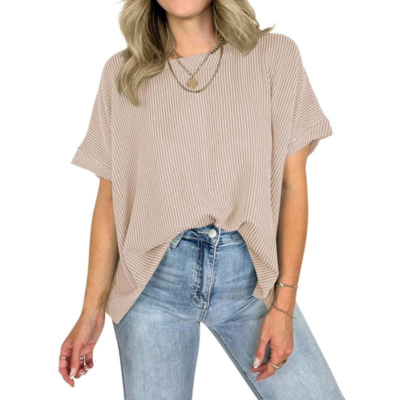 Loose Round Neck Batwing Sleeve Striped Pullover Short Sleeve Casual T Shirt