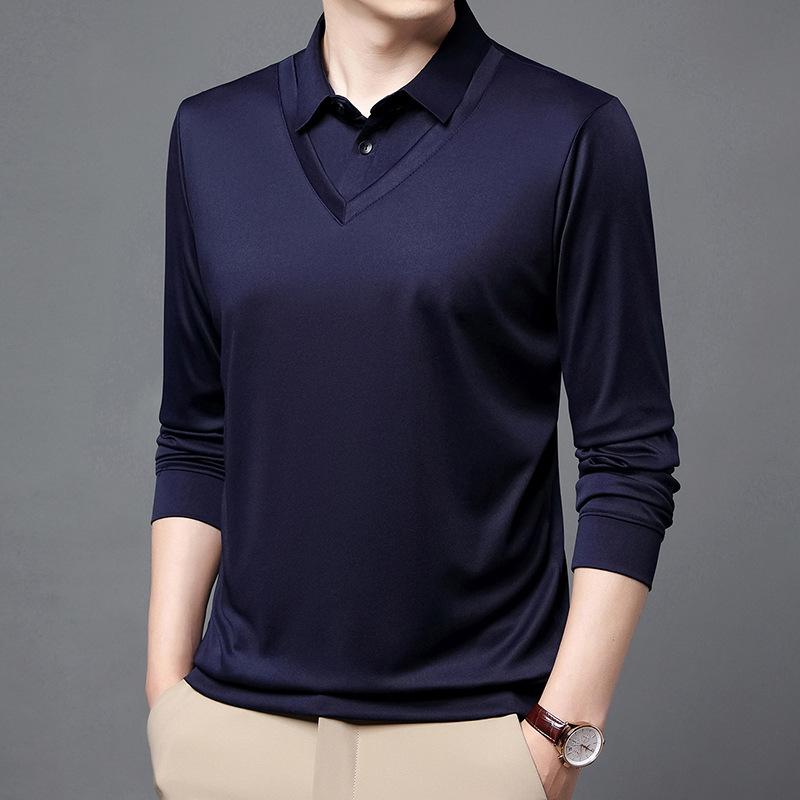Spring and Autumn New Style Middle-aged Thin Fake Two-piece Men's Lapel Solid Color Long-sleeved T-shirt Men's Loose Top Dad Wear