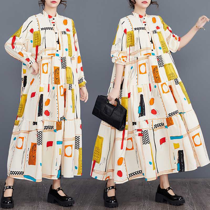 

Spring New Loose Large-Sized Fashion Print Patchwork Cake Dress L