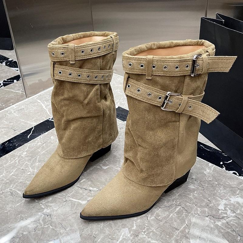 Fashion Autumn Mid-Cone Boots Fashion Pointed Toe Sleeve Non-Slip Wear-Resistant Block Heel