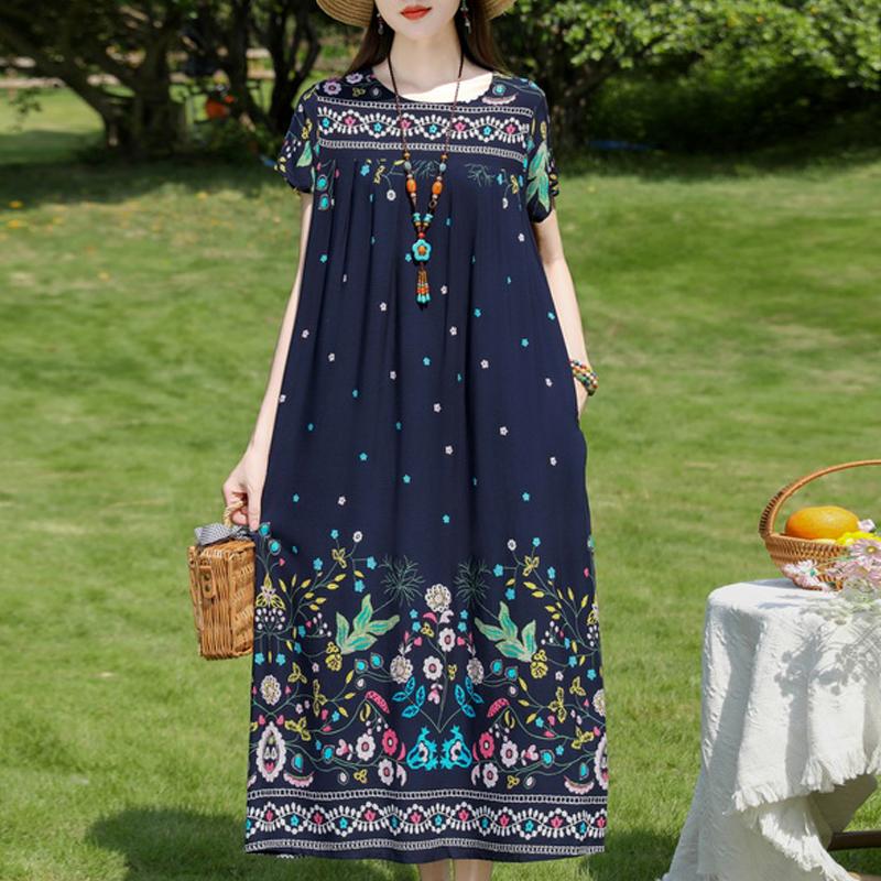 Damen Plus Size Boho-Print Maxikleid, Kurzarm Freizeit-Sonnenkleid (XL-5XL)