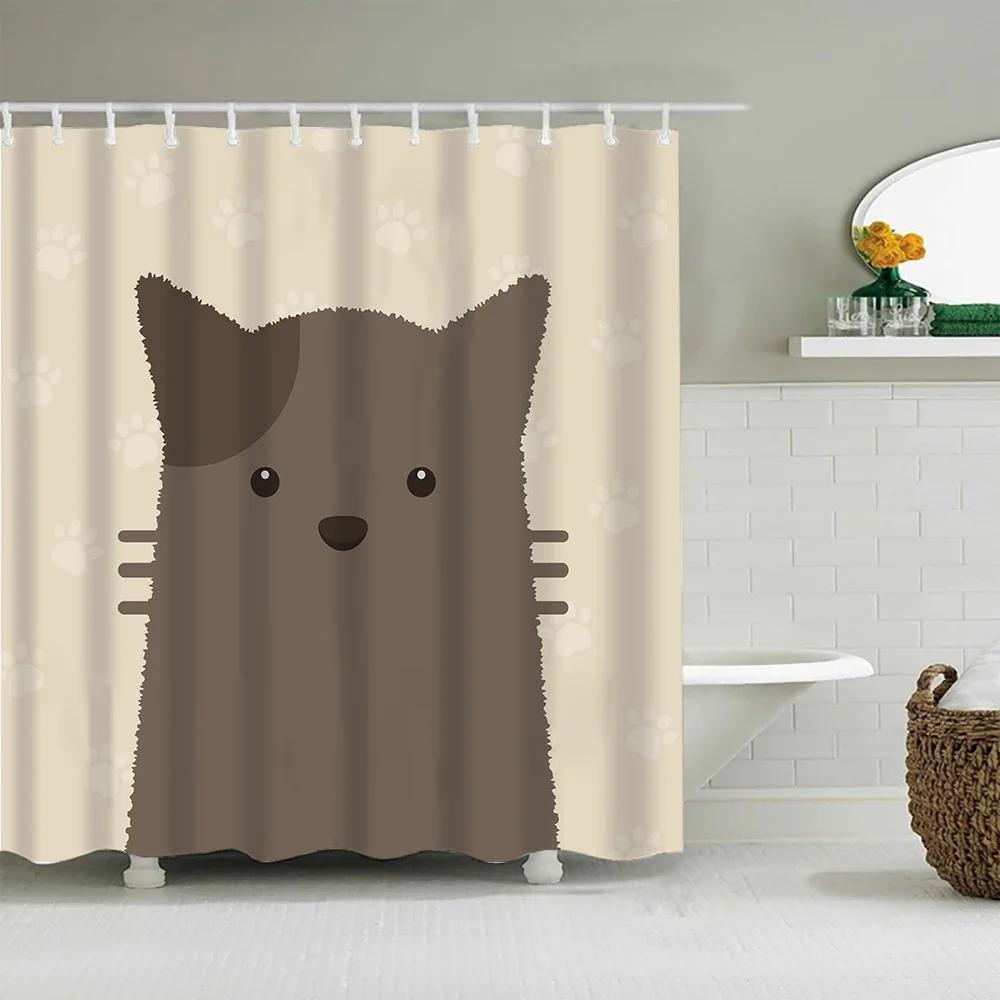 Cute Puppy Cat Cartoon Shower Curtain Waterproof Polyester Fabric With Hooks Washable Bathroom Decor Partition
