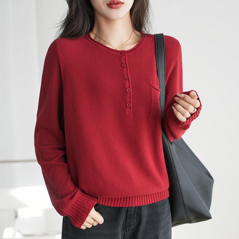 

Cotton Thread Retro Long-sleeved Sweater Sweater for Women Early Spring New Solid Color Loose Korean Style Fashionable Casual Exterior M чёрный