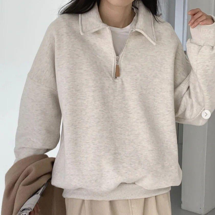 Oatmeal Women s Retro Loose Sweatshirt with Lapel Zipper - Autumn/Winter Long-Sleeved Casual Style S