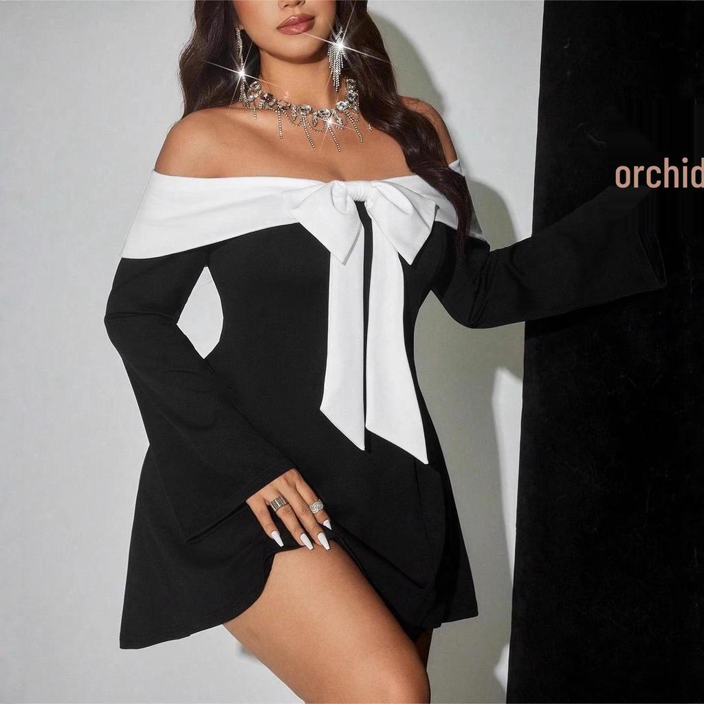 European & American One-Shoulder Black & White Dress with Large Bow & Bell Sleeves – Slimming Hot Girl Style