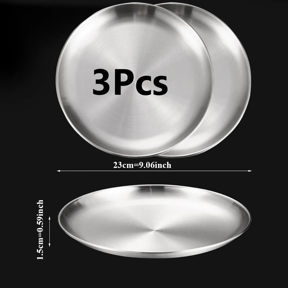 3Pcs Stainless Steels Round Silver Shallow Tray Plate Rust-Proof 14/17/20/23/26/30cm Camping Plate BBQ Picnic Dishes Cookware
