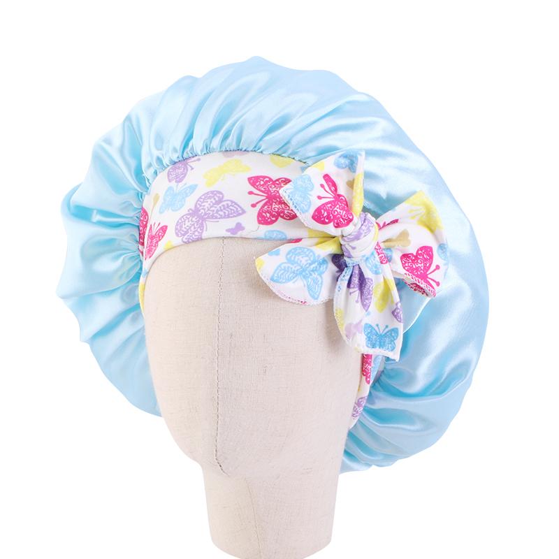 Elastic Kids Silky Satin Bonnet Cap Sleeping Hat Night Sleep Baotou Cap Cute Bow Hair Care Nightcap Bonnet Turban