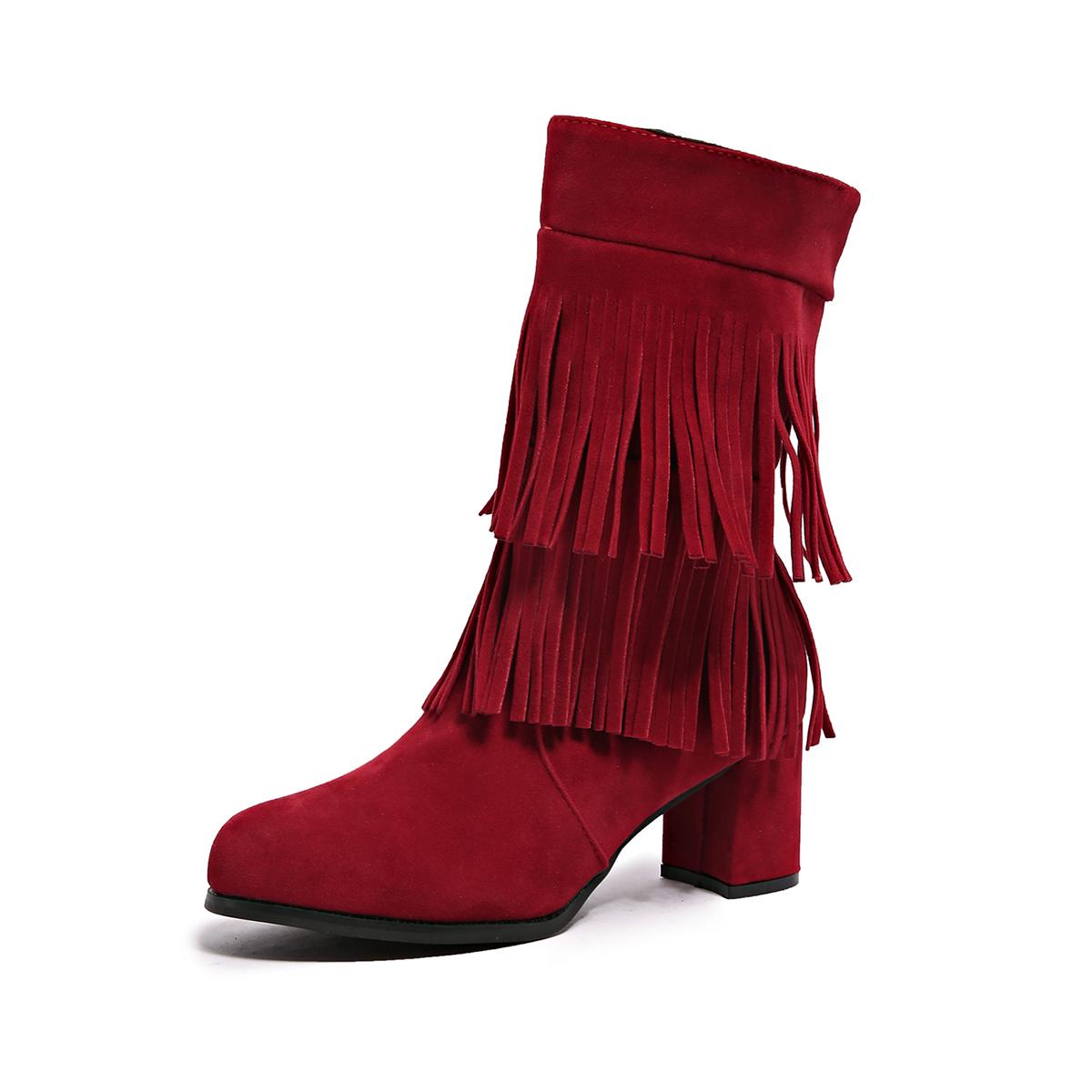 

Fashion Stylish Tassel Heels Autumn New Round Toe Suede Side Zip Anti-Slip Wear-Resistant Short Thigh Boots 36 червоний