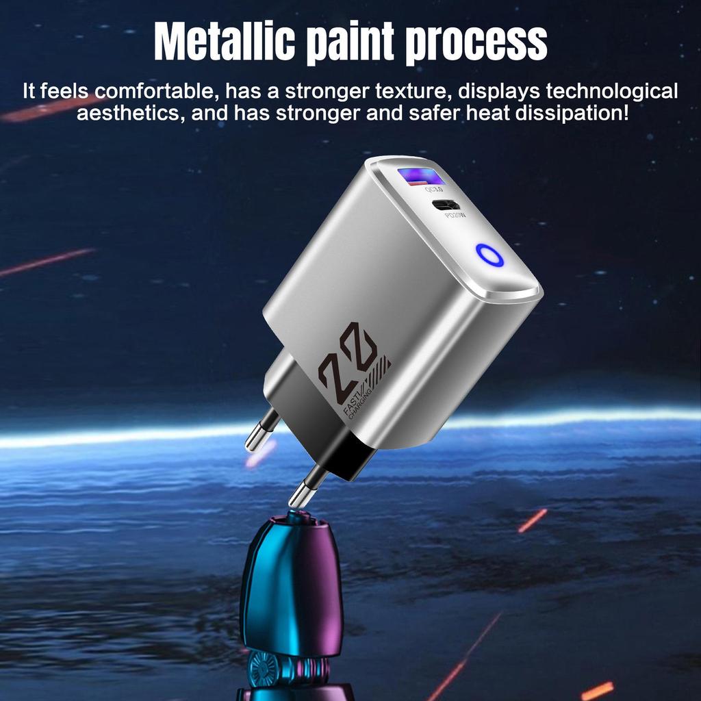 New Metal 20W Type-C EU Charger: Mini USB+PD Fast Charging with Light