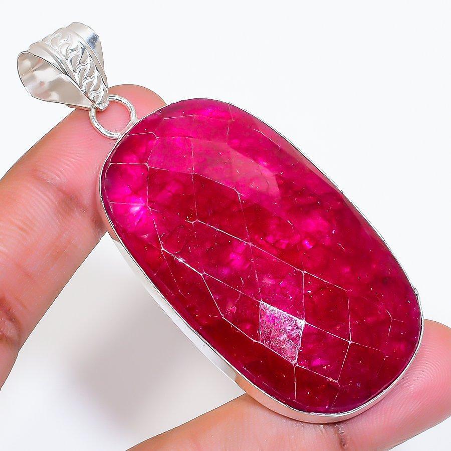 Natural Ruby(Simulated) Gemstone 925 Sterling Silver Jewelry Pendant 2.84" AP-16641