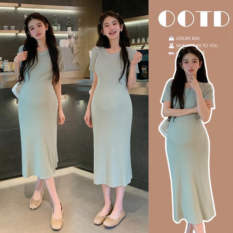 2026 Summer Korean Style Slimming Knit Maternity Dress for Petite Moms M